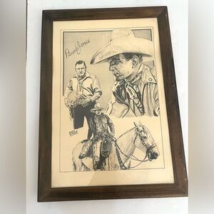 BUCK JONES & Horse Signed Litho Print by  Mario DeMarco Framed 14"X20"(VTG-RARE)